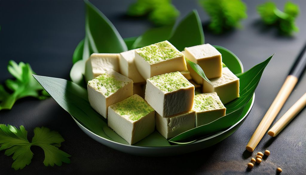 Prato com quadrados de soja sobre folhas verdes