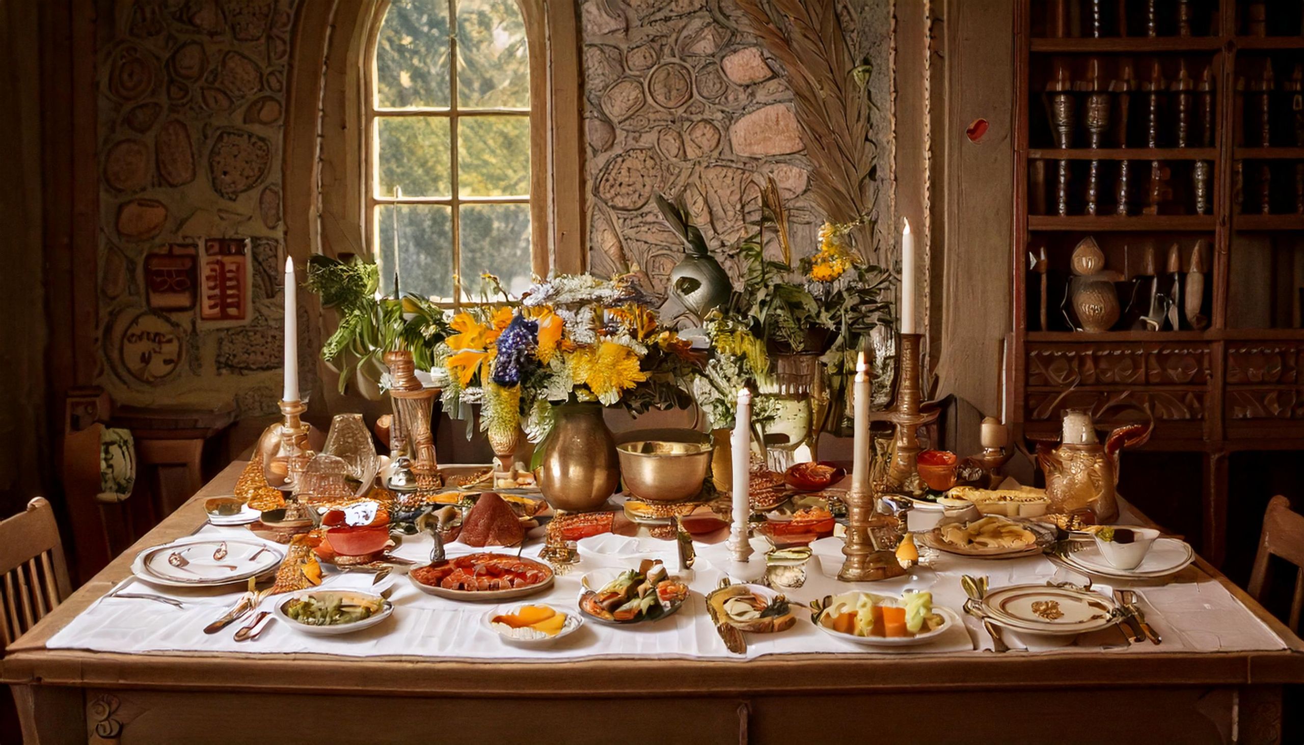Mesa luxuriosa invocando delicias gastronómicas e a sumptuosidade de um banquete