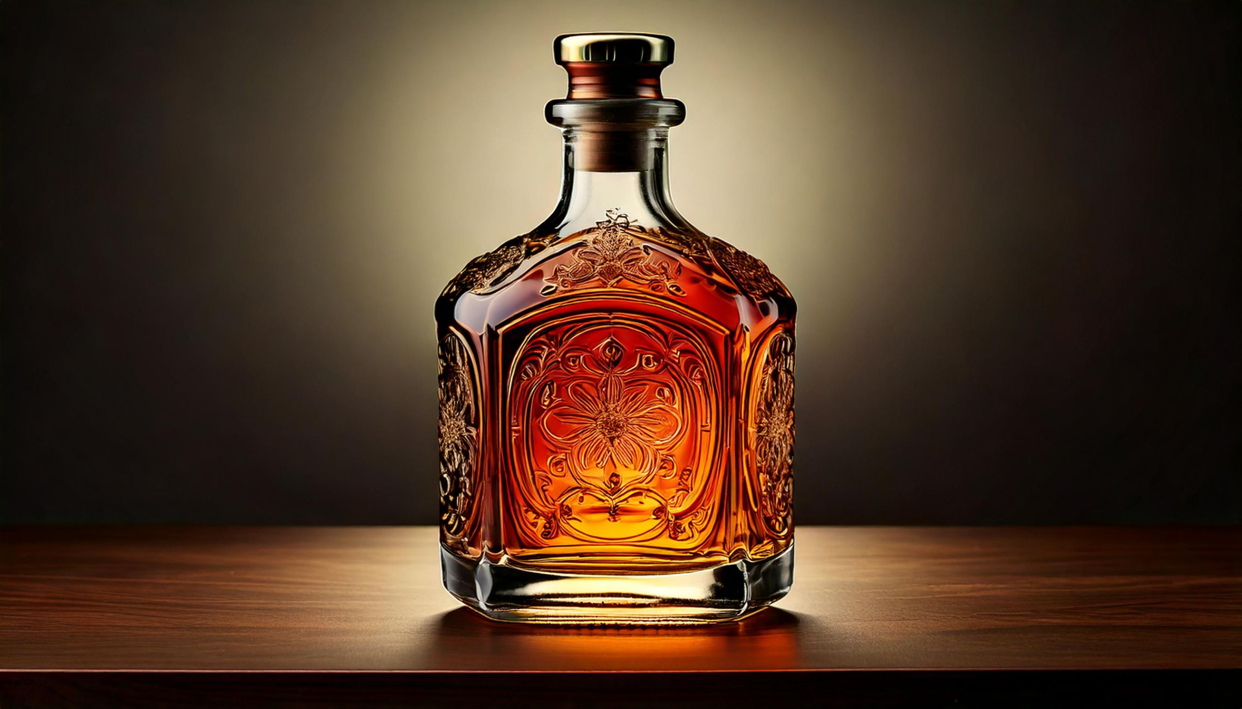 Elegante garrafa de Brandy, sobre mesa em destaque contra fundo de estudio