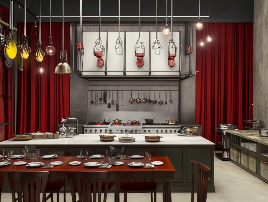 Restaurante vazio com cozinha aberta em tons de vermelho