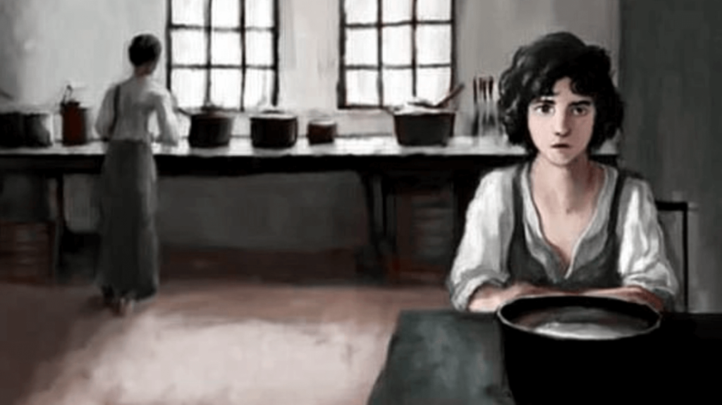 Desenho em tons cinzentos e castanhos-sépia de uma rapariga sentada a uma mesa pobre com uma taça grande com um caldo deslavado, ao fundo uma mulher de costas junto a uma bancada de cozinha pobre de adereços
