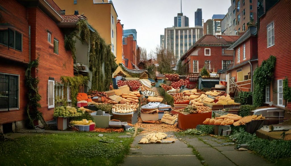 Rua de suburbio com uma barreira de comida