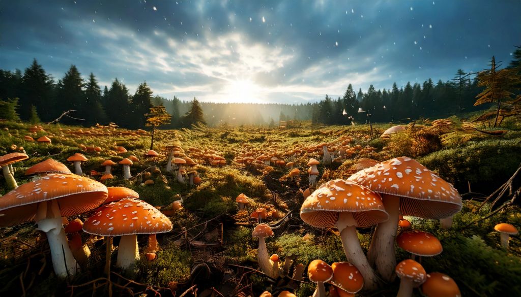 Campo de cogumelos ao amanhecer, com arvores ao fundo