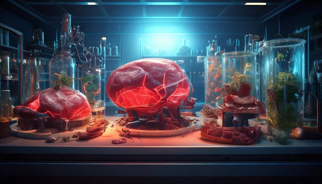 Laboratorio ficcional com carne artificial em cima de bancada, onde se encontro diversos recipientes de vidro