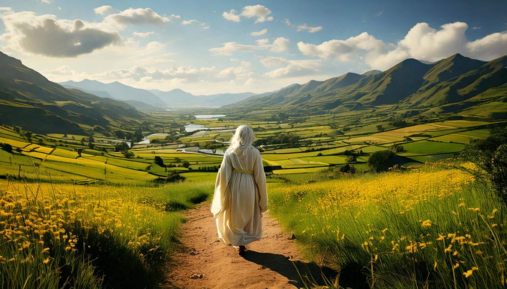 figura vestida com manto branco caminha de costas num caminho de terra que atravessa um campo verdejante, ao fundo um rio serpenteia num vale largo ladeado por montanhas