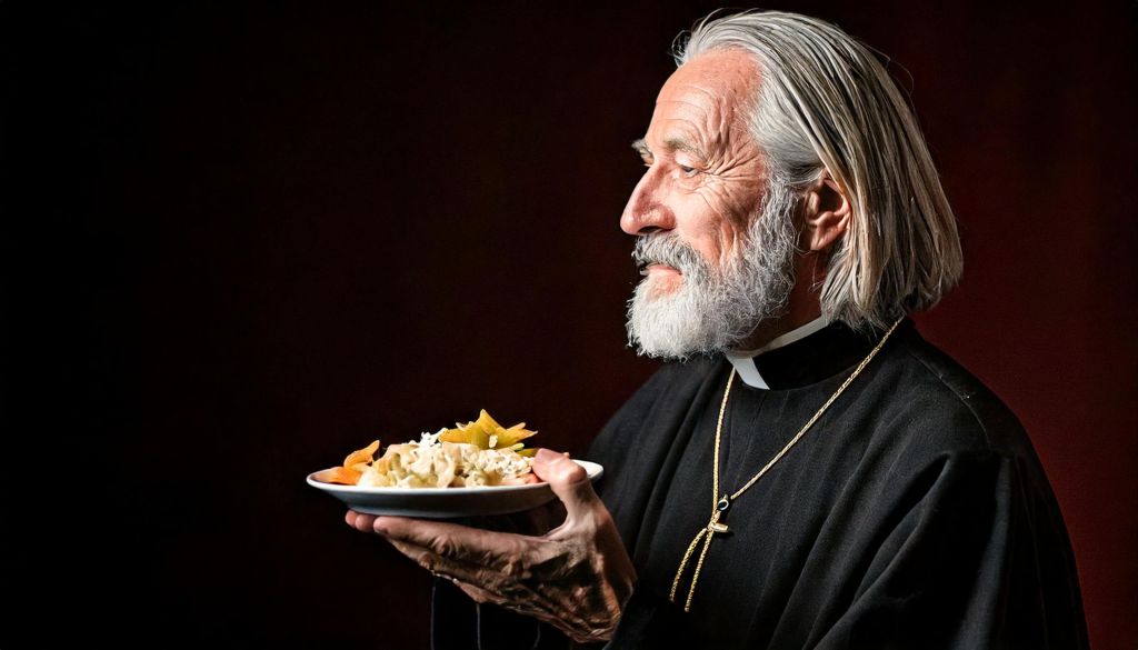 Perfil de meio corpo de monge, segurando nas suas mãos envelhecidas um prato de comida 
