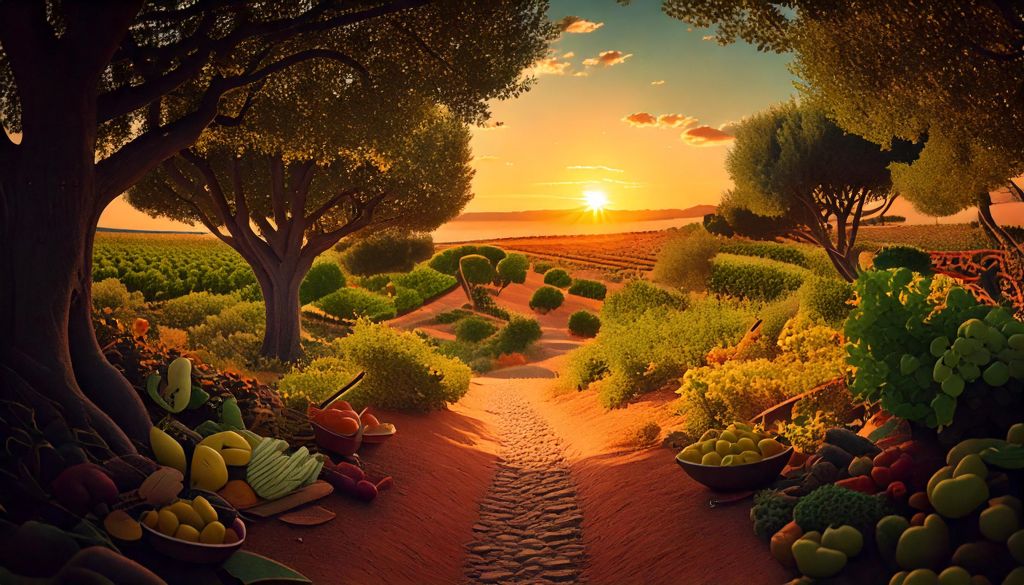 Caminho de pedras ladeado por arvores e com pôr do sol ao fundo