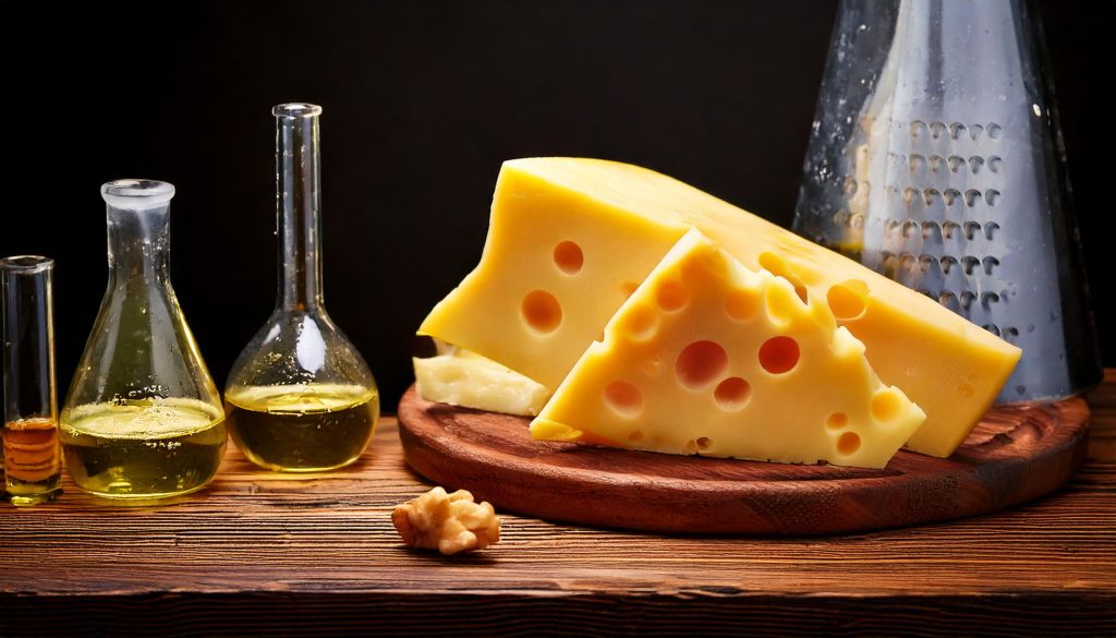 Mesa com frascos de laboratório, à direita uma tábua com queijo e por trás um ralador de queijo