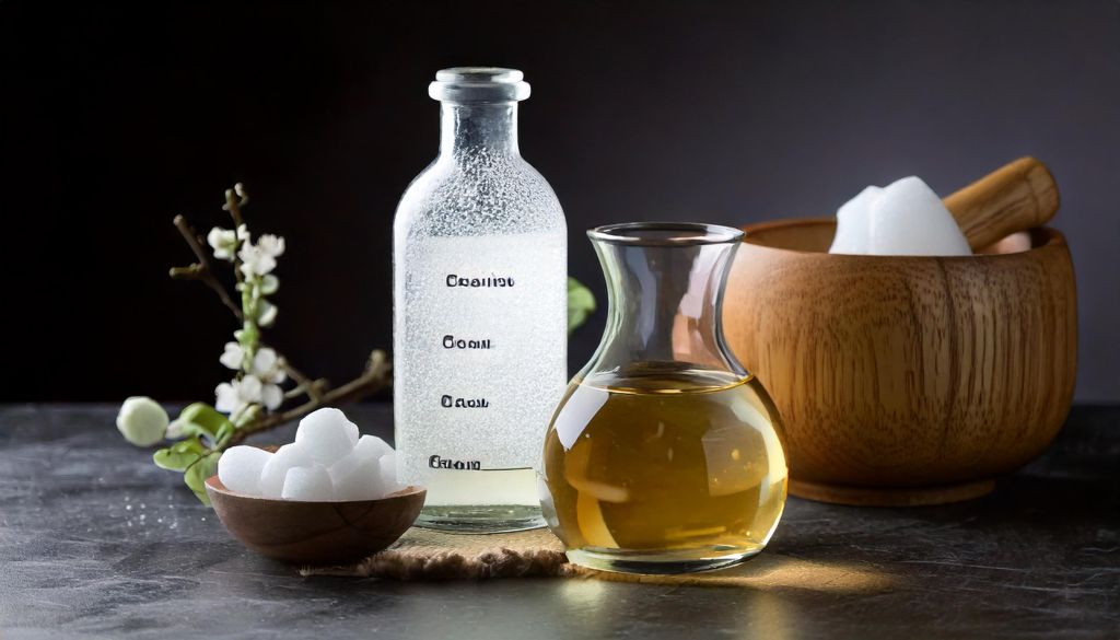 Dois frascos de laboratório, almofariz de madeira e taça com cubos de sais sobre mesa em fundo negro