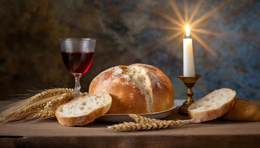 Natureza morta, com um pão ao centro sobre prato branco, algumas fatiasm um cadelabro à direita e um copo de vinho tinto à esqueda, espigas de cereais decoram a mesa