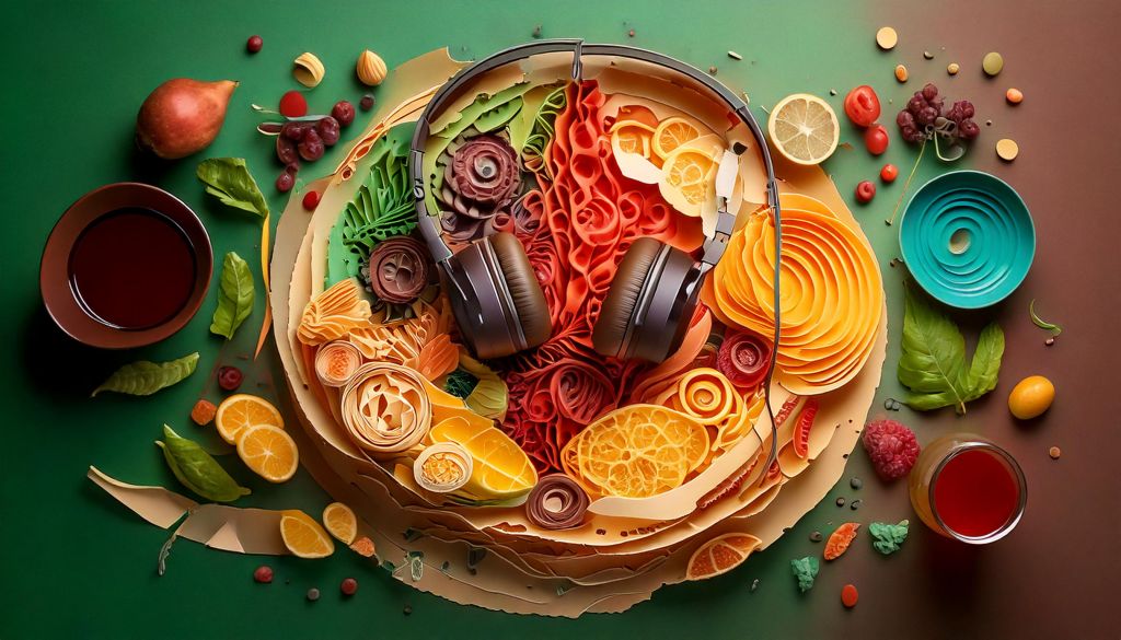 vista de cima de auriculares retro, dispostos sobre um arranjo de comida colorida, num fundo verde e castanho