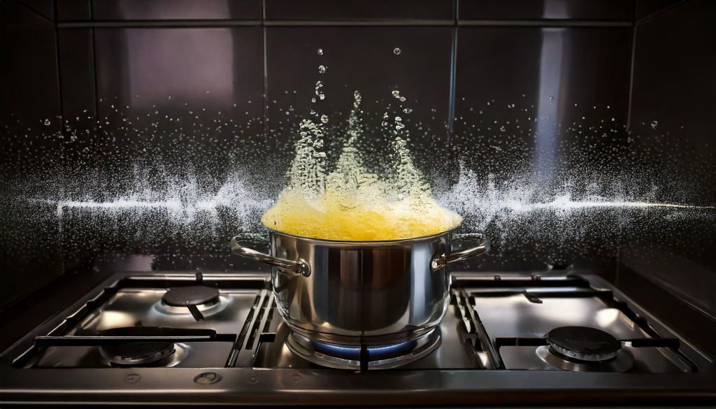 Panela sobre fogão, com liquido a ferver, com o liquido a borbulhar a sair para fora