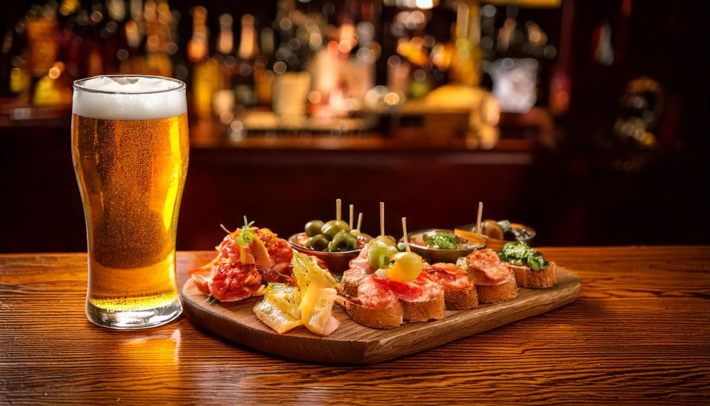 Grande plano de um copo de pint ao lado de uma travessa de tapas, com queijo, presunto, pão e azeitonas, em cima de balcão