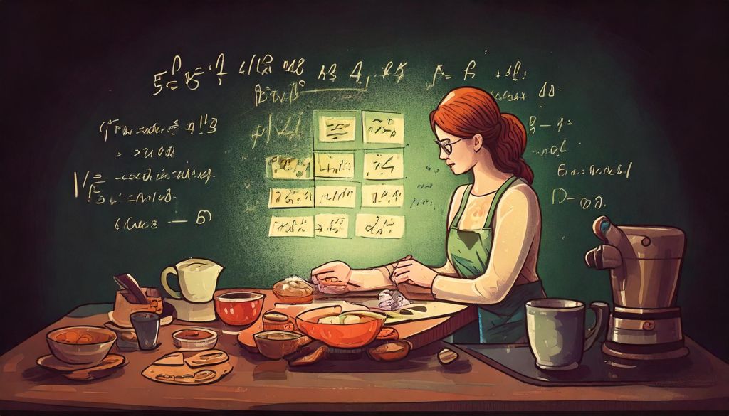 Mulher em bancada de cozinha com um quadro com formulas atrás