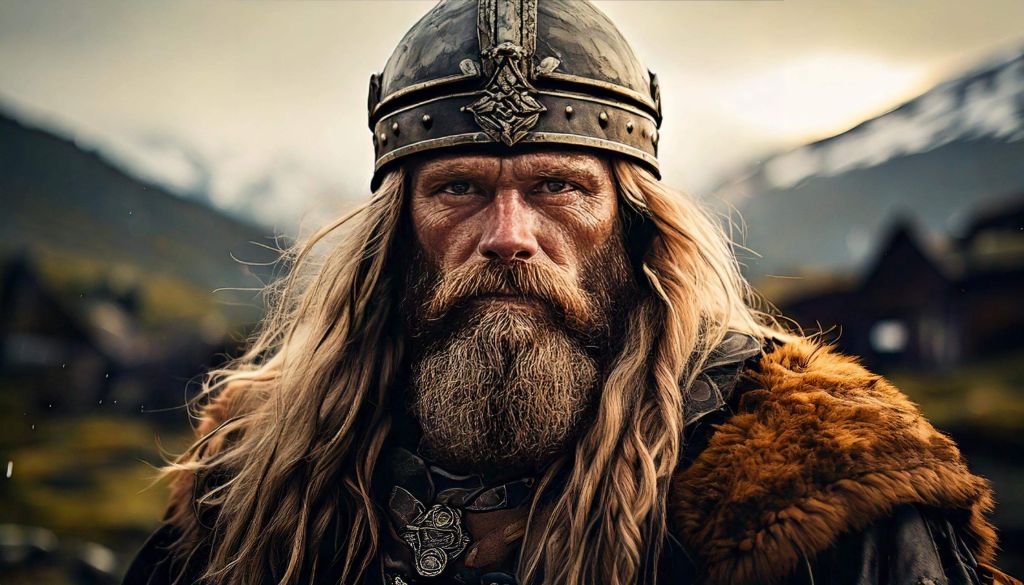 Grande plano de um viking, com os seus cabelos e barba compridos, 