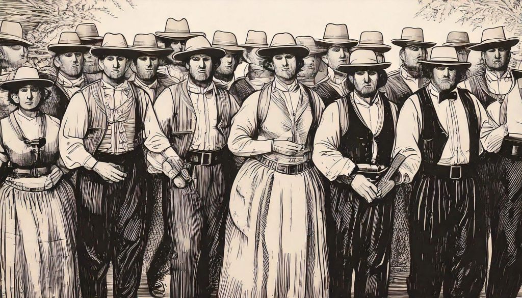 Desenho representando um grupo de homens e mulheres de chapeu numa disposição tipicamente encontrada no cante alentejano