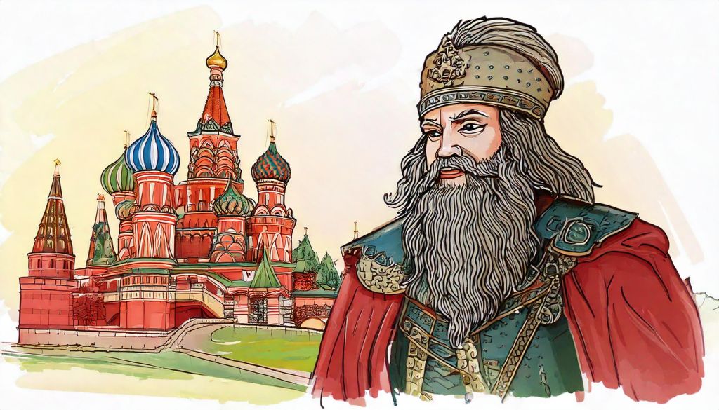 Desenho de mongol em grande plano com palácio russo ao fundo