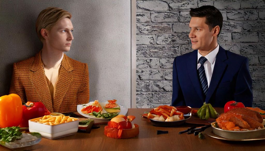 Dois homens sentados a uma mesa com espaços clramente divididos e culinárias distintas