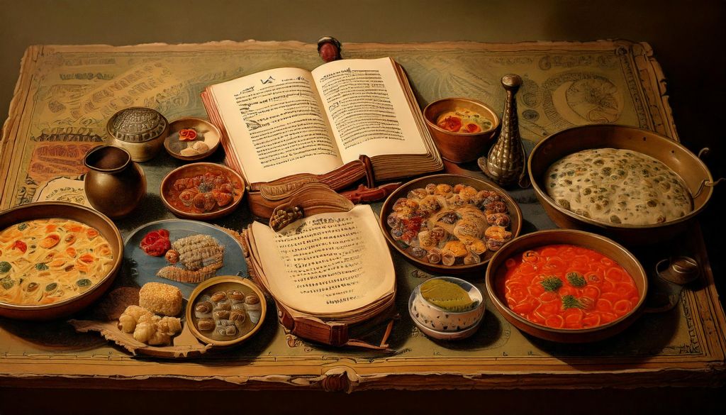 Livros antigos e recipientes com comida e temperos sobre mesa