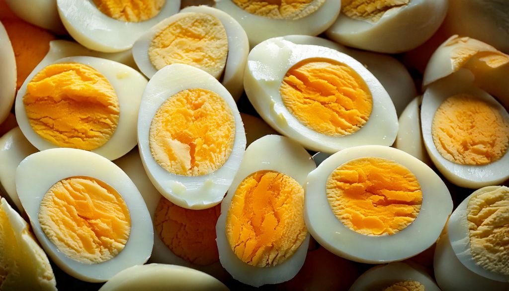 vários ovos cozidos descascados e curtados ao meio