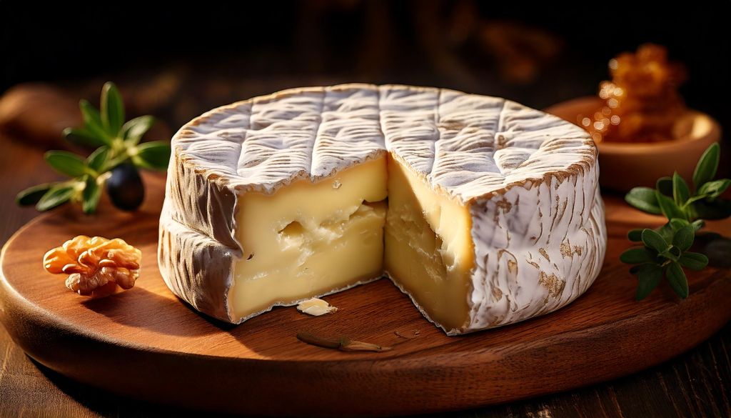 grande plano de um queijo cammembert sobre táboa de madeira ladeado por uma noz e ramos de oliveira