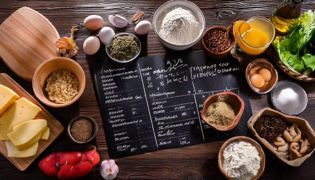 mesa com quadro de ingredientes e porções e diversos ingredientes como farinha, ovos, alho, queijo, etc.
