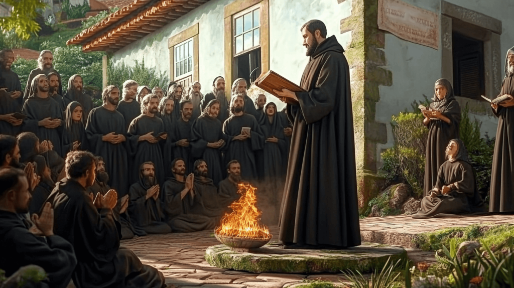 Religioso em frente a uma pequena fogueira, prega de pé aos seus fieis