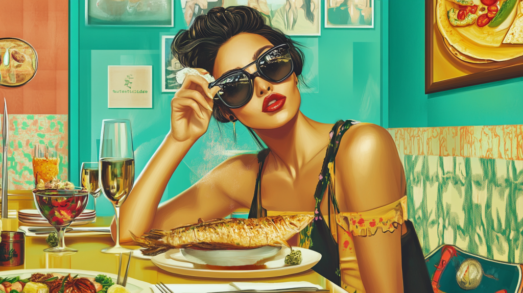 Mulher de oculos escuros, apreciando uma refeição num restaurante