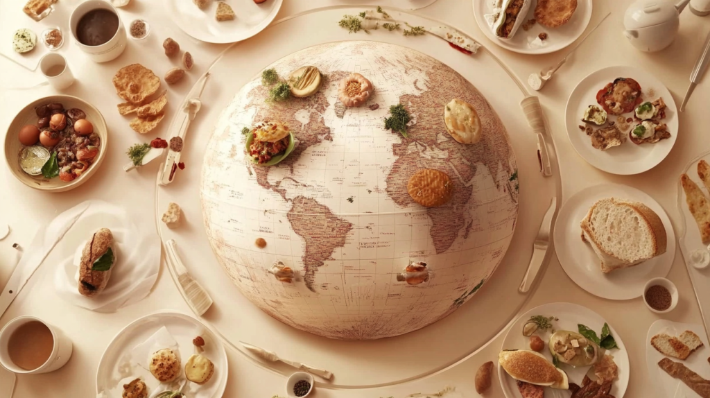 mesa posta para lanche, vista de cima, no centro um bolo decorado com paises como um semi globo terrestre, em branco e castanhos, os pratos pequenos dispostos circularmente contêm comida diversa como pequenos bolos, bolachas, figos, frutos secos e pequenos recipientes contêm geleias