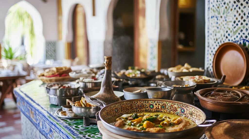 interior de casa de caracteristica arabe, em grande plano uma bancada de elementos arabes, com diversos tipos de comida e recipientes.