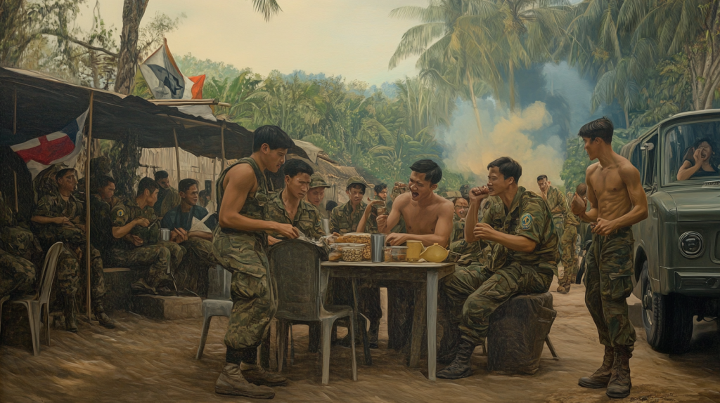 Grupo de soldados partilhando refeição no meio da selva