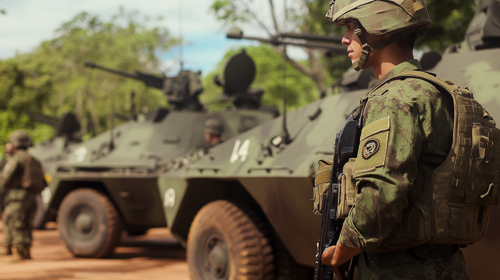 Militar armado e de capacete a caminhar ao lado de uma coluna de tanques