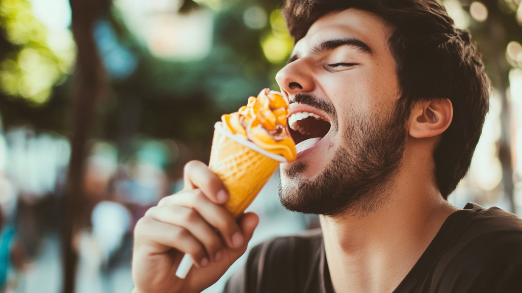 Homem a comer um cone de gelado