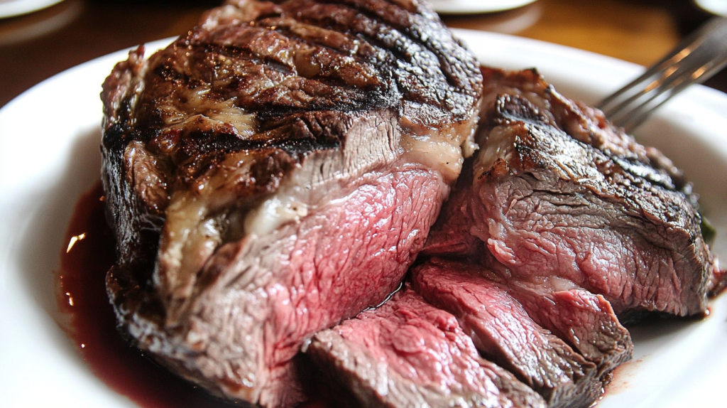 Naco de carne grelhada, cortada sobre prato branco, o centro do naco está mal passado e a superficie corretamente selada