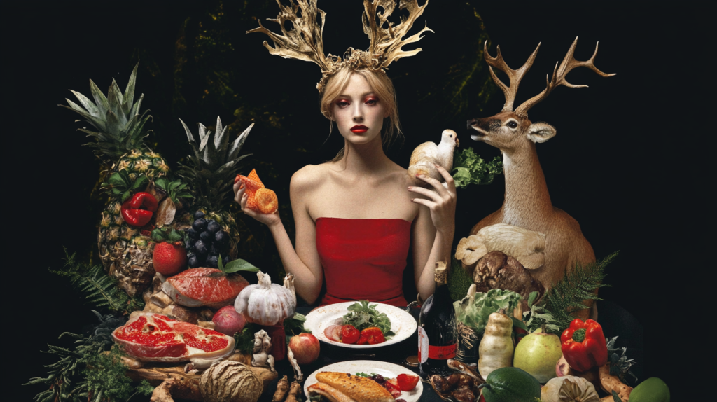 Mulher de vermelho com hastes de veado segura na direita frutos e na esquerda uma ave, à sua frente diversos pratos com comida confecionada assim como frutas, raizes e legumes