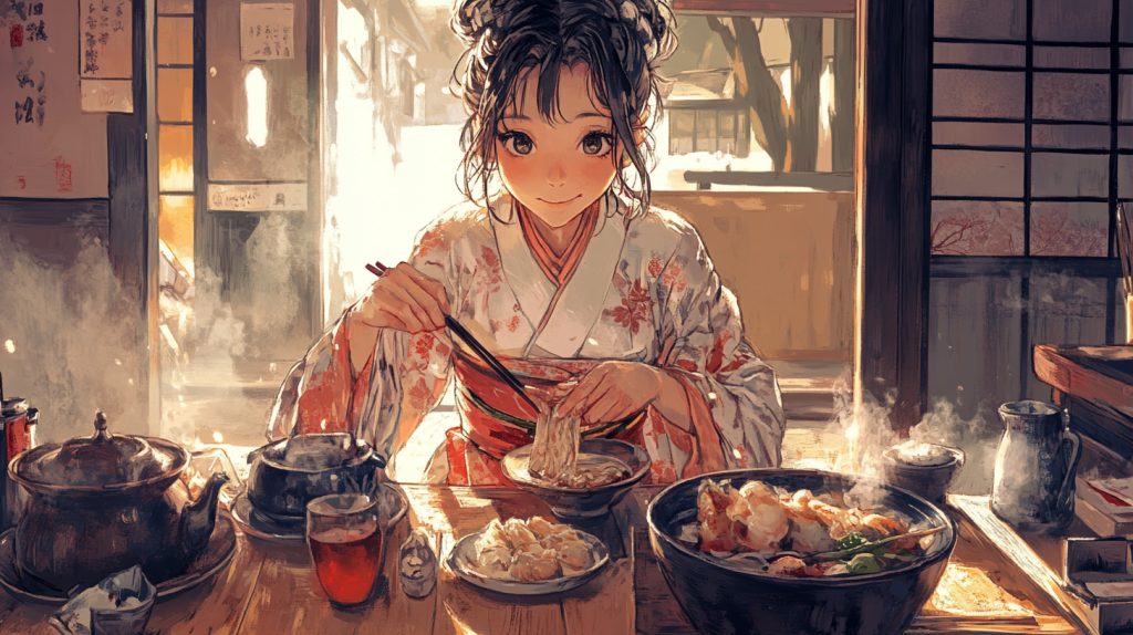 Desenho com caracteristicas anime, de uma mulher a confecionar comida numa casa tipica japonesa