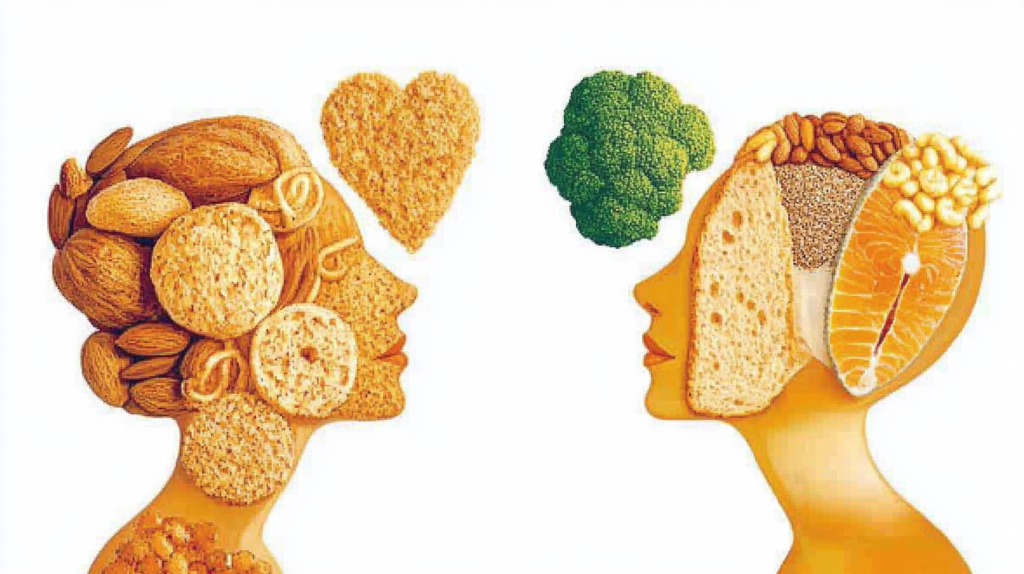 Dois perfis humanos, frente a frente  compostos por diferentes alimentos