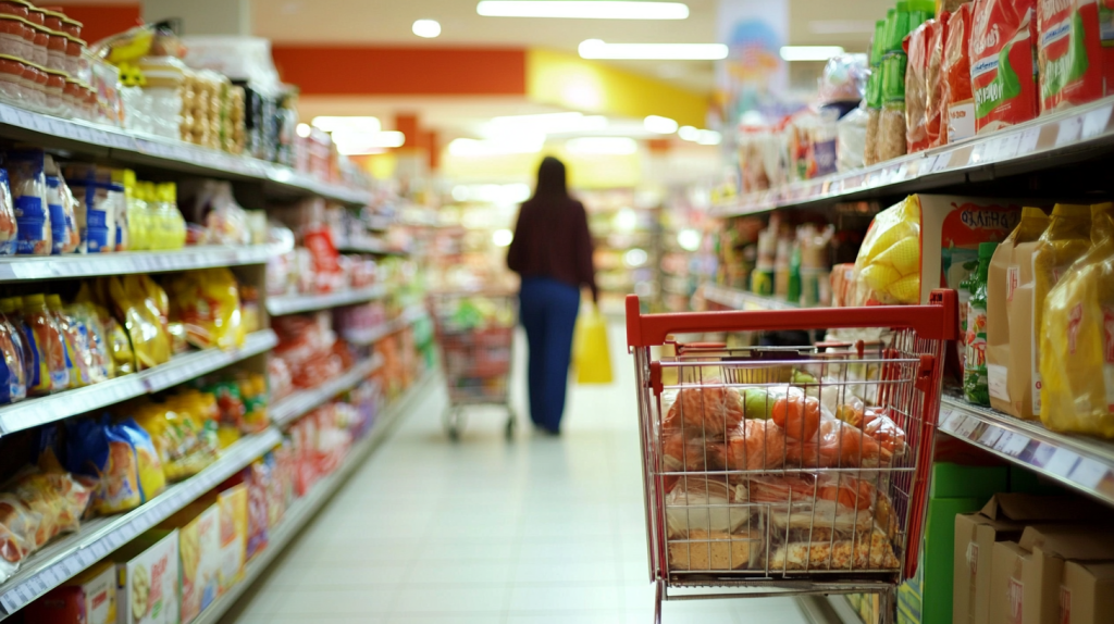 Interior de supermercado com carrinho de compras cheio em primeiro plano