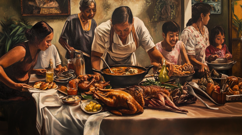 Mesa abastada com carateristicas rurais, varias pessoas servem-se de comida