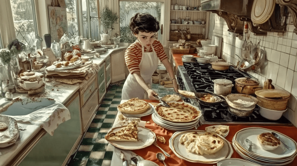 Desenho de uma rapariga concentrada em experimentar cozinhar comida diversa de diferentes paises, numa cozinha desarrumada