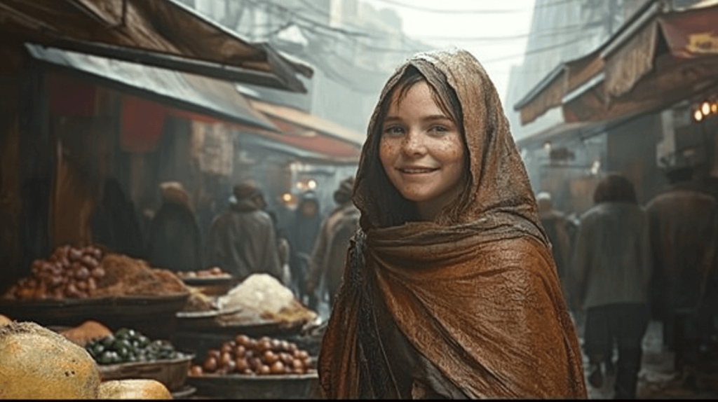 jovem rapariga em meio corpo sorri em primeiro plano, por tras diversas pessoas caminham à chuva num mercado de rua