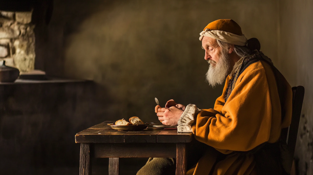 Homem velho de olhos fechados,  sentado à mesa comendo, num ambiente medieval