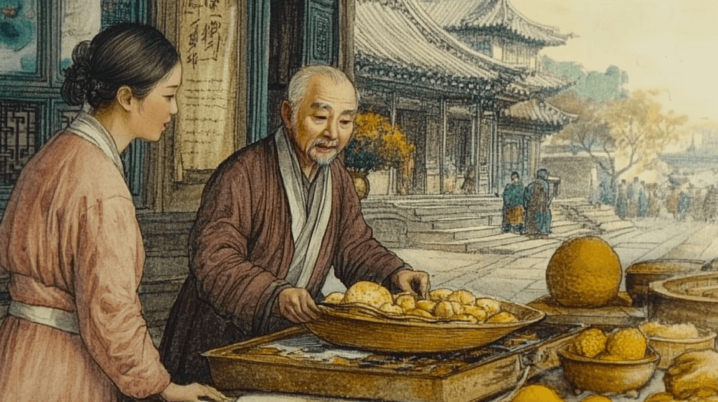 Gravura de inspiração chinesa, representando um homem e uma mulher num mercado de rua chinês em frente a uma bancada de alimentos