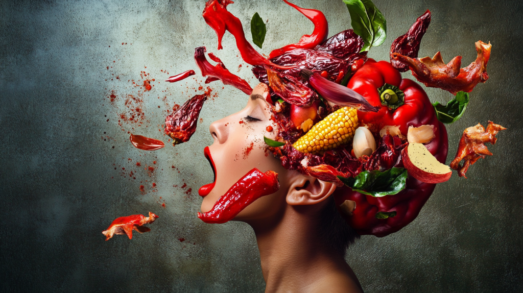 Perfil de uma cabeça feminina cujo cabelo foi susbstituido com alimentos como tomate seco, milho, malaguetas e pimentos