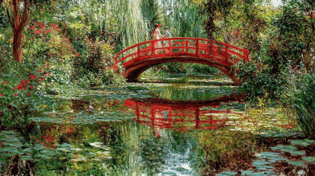 Pintura de duas figuras numa ponte vermelha sobre um rio, ladeado por árvores, numa alusão ao estilo e cores de Claude Monet