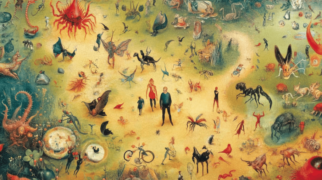 Ilustração remetendo às cores e obra de Hieronymus Bosch