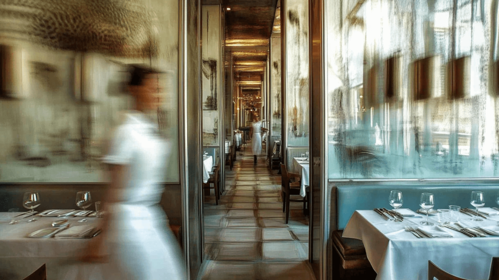 Interior de restaurante, com mesas elegantemente colocadas