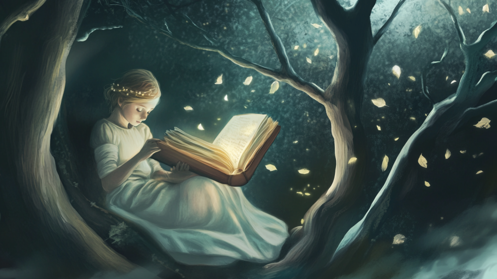 Desenho de uma menina a ler um livro apoiada nos troncos de uma arvore em ambiente onirico e noturno