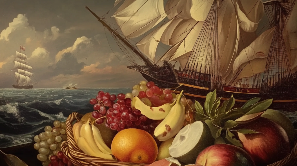 Gravura com cesta de fruta em primeiro planos e duas caravelas a navegarem no mar