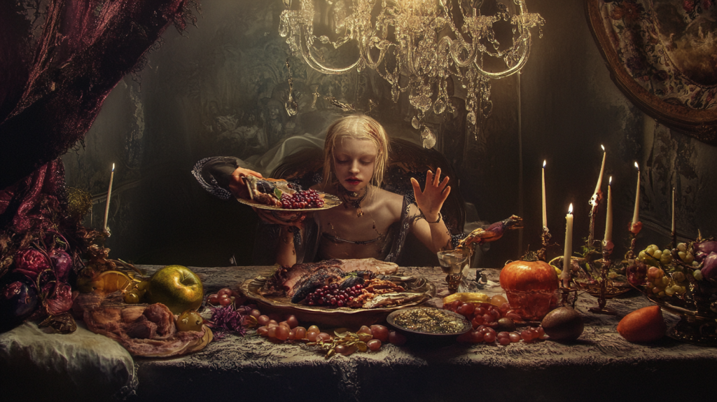 Figurs feminina sentada a uma mesa preenchida por pratos e alimentos, uvas, maças, com vários candelabros, num ambiente onírico